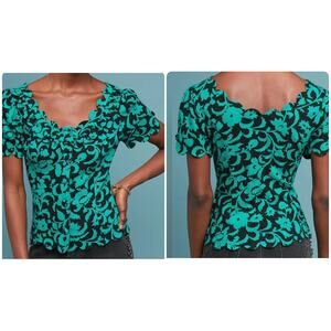 Maeve Teal and Black Floral Blouse